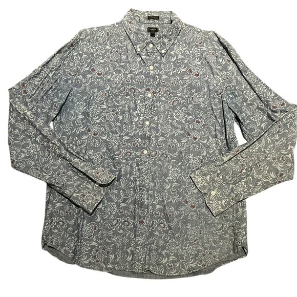 J Crew Mens XL Slim Floral Printed Chambray Long Sleeve Button Down Shirt - Picture 1 of 8